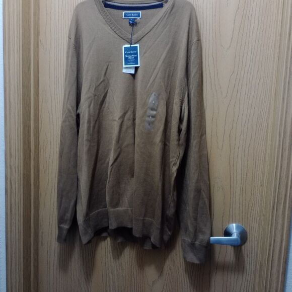 Club Room Sweater Mens Large Italian Spun Merino Wool Blend V-Neck Brown NEW - Picture 1 of 5